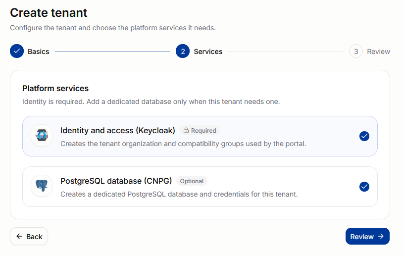 Create tenant wizard showing required identity and optional database services