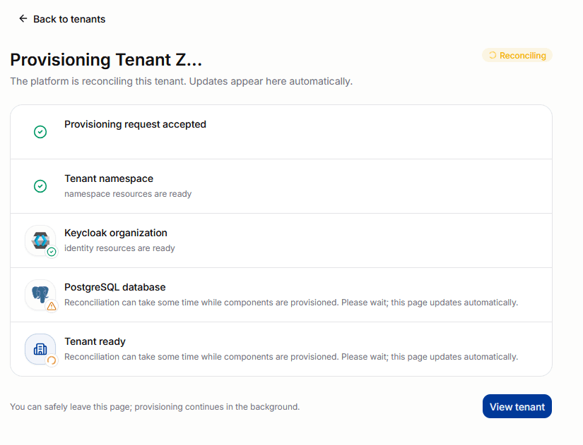 Tenant provisioning progress with completed and reconciling lifecycle stages