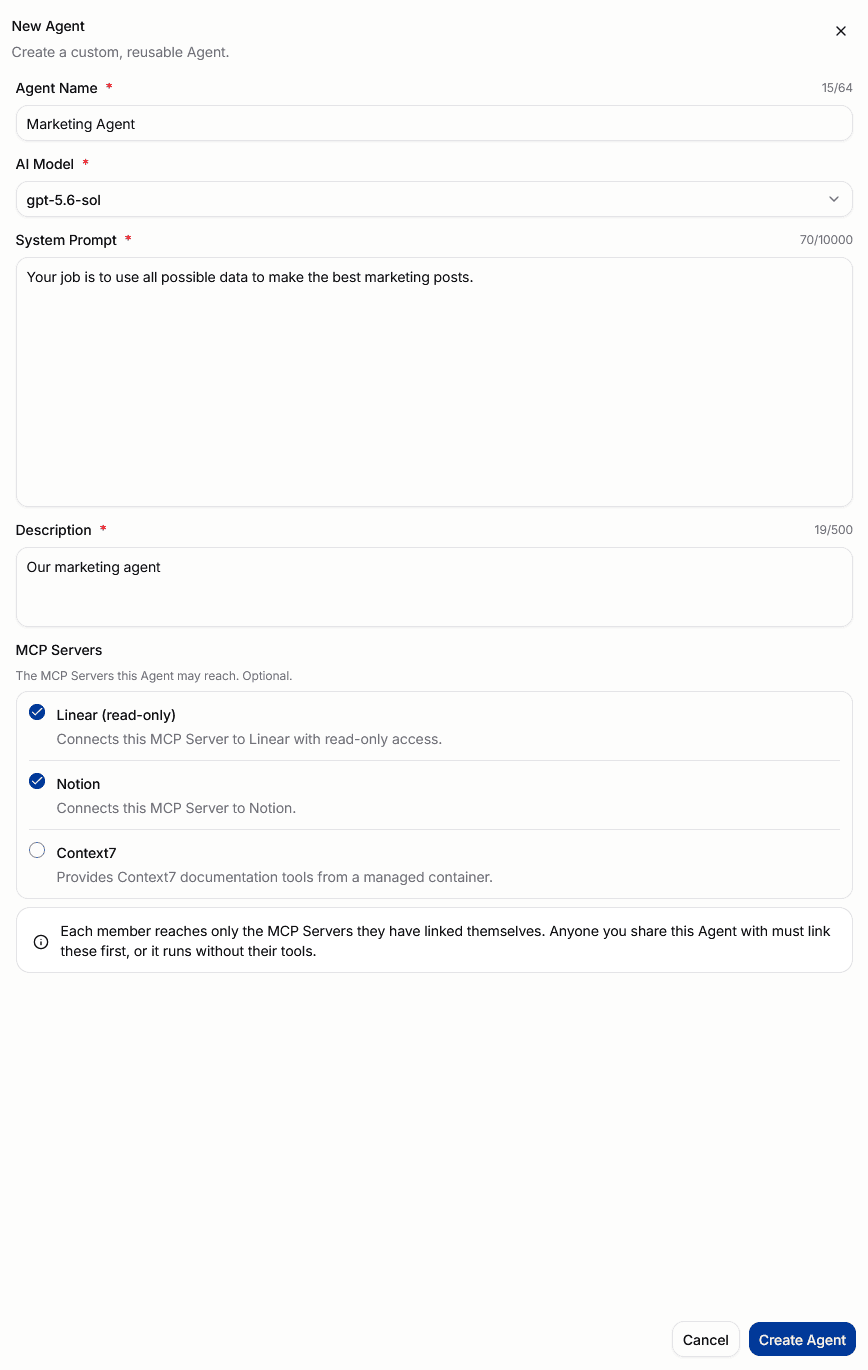 New Agent form with model, prompt, description, and MCP Server selection