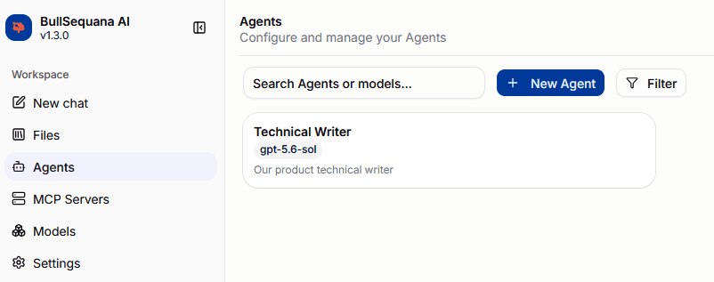 Agents list with search, filters, and a reusable Agent