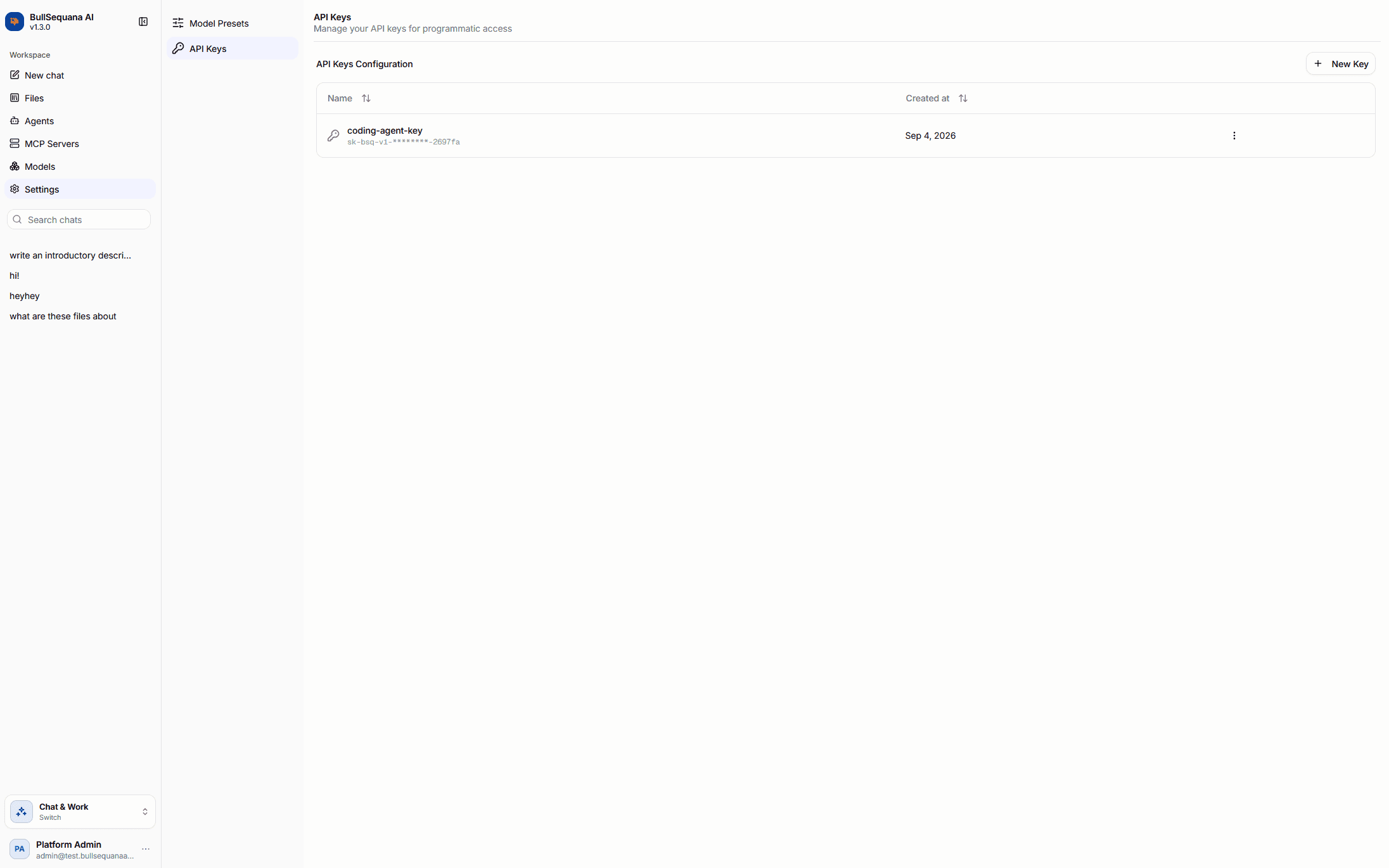 API Keys list with masked key value and creation date