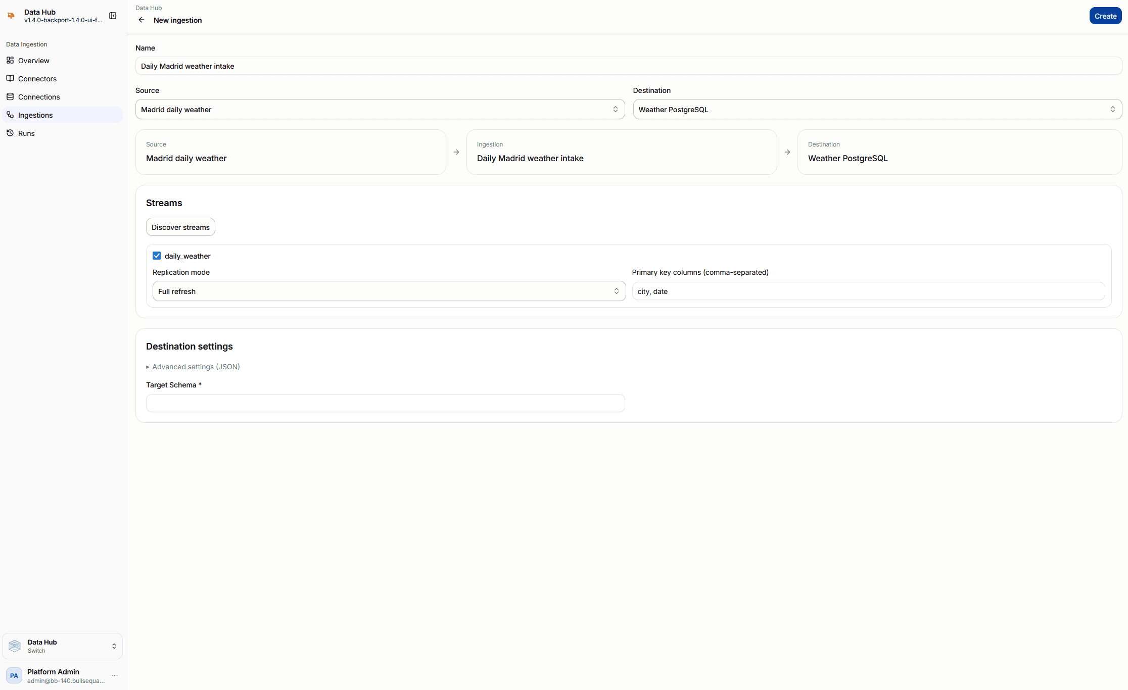 Data Hub New ingestion form with source and destination connections, a selected stream, replication mode, and destination settings