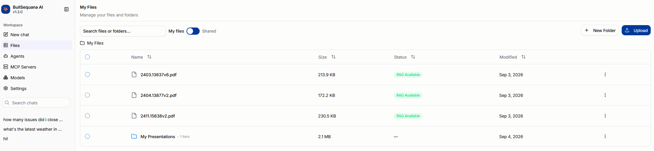 Portal files workspace with folders, file status, and upload actions