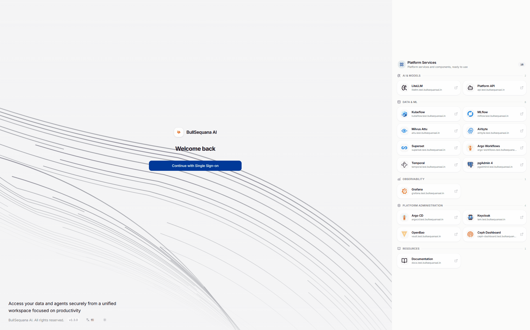 BullSequana AI homepage with single sign-on and grouped platform services