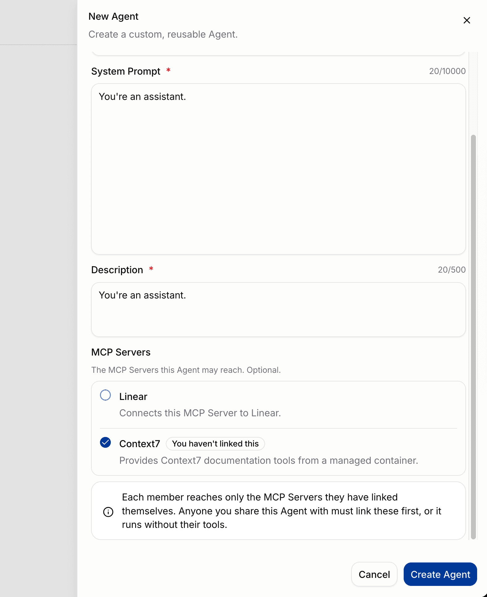 Agent editor MCP Servers picker with an unlinked server selected