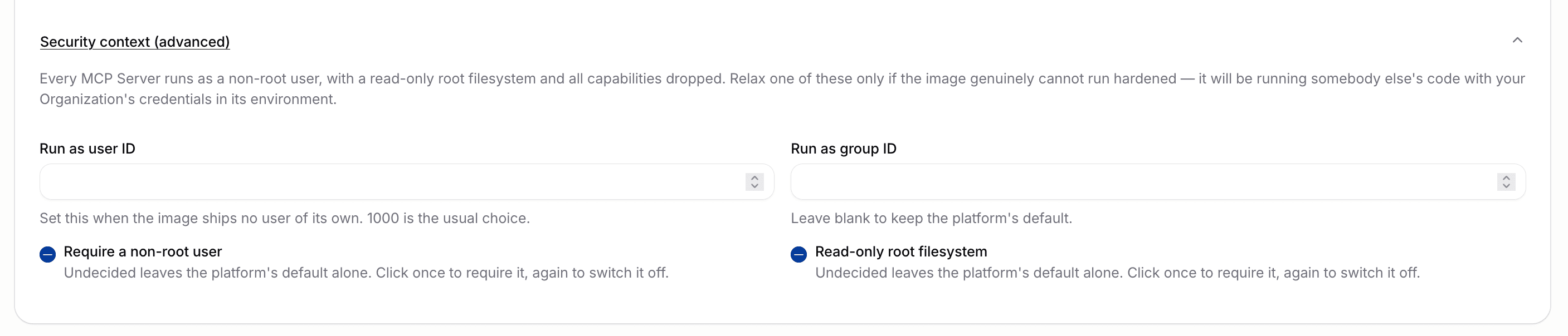 Expanded security context and environment sections on the Managed create form
