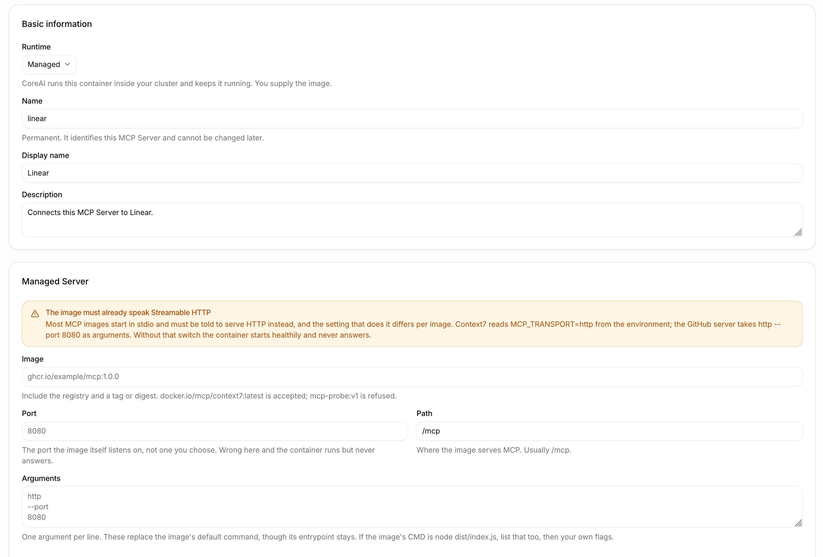 Create form with runtime set to Managed, showing image, port, path, and arguments