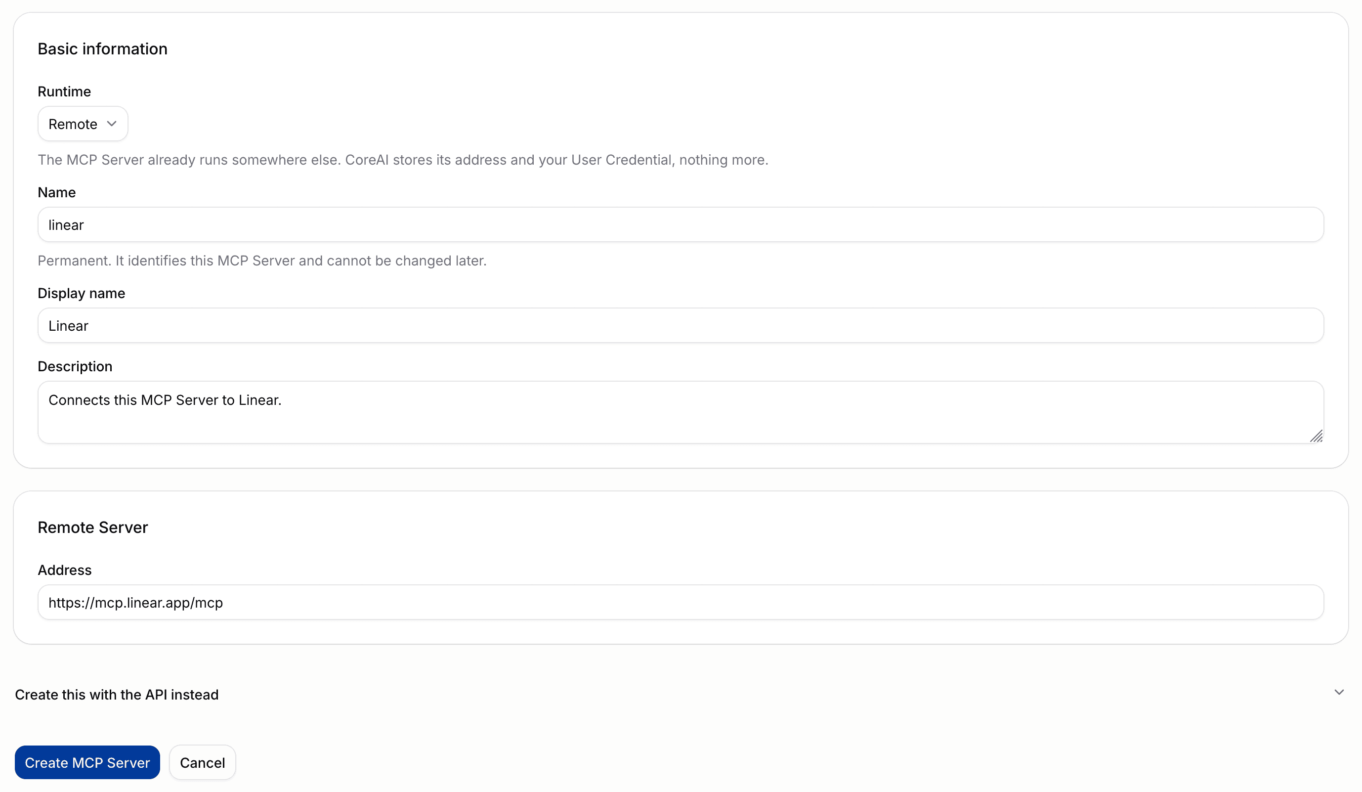 Create form with runtime set to Remote, showing the Address field