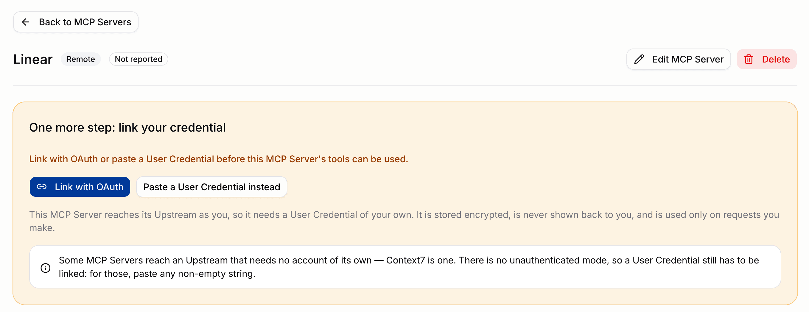 MCP Server detail page for an unlinked server offering OAuth linking or a pasted credential