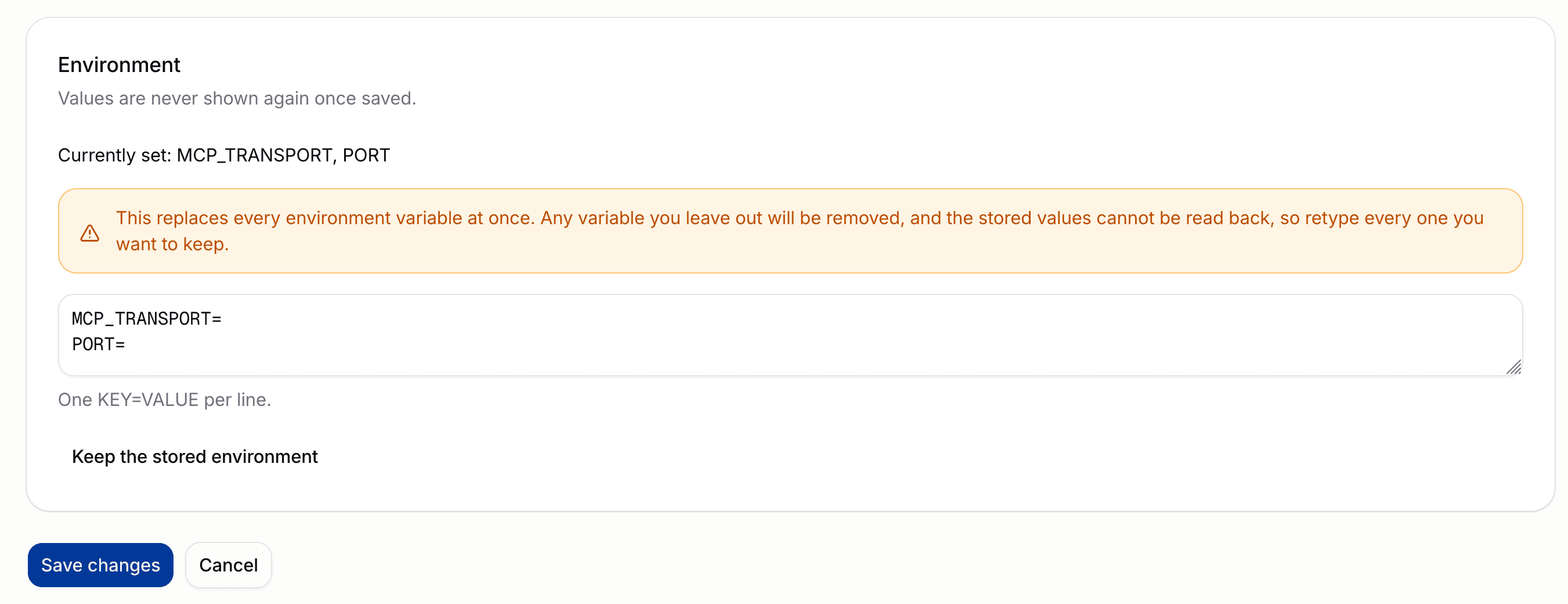 Edit form environment card listing the currently set variable names