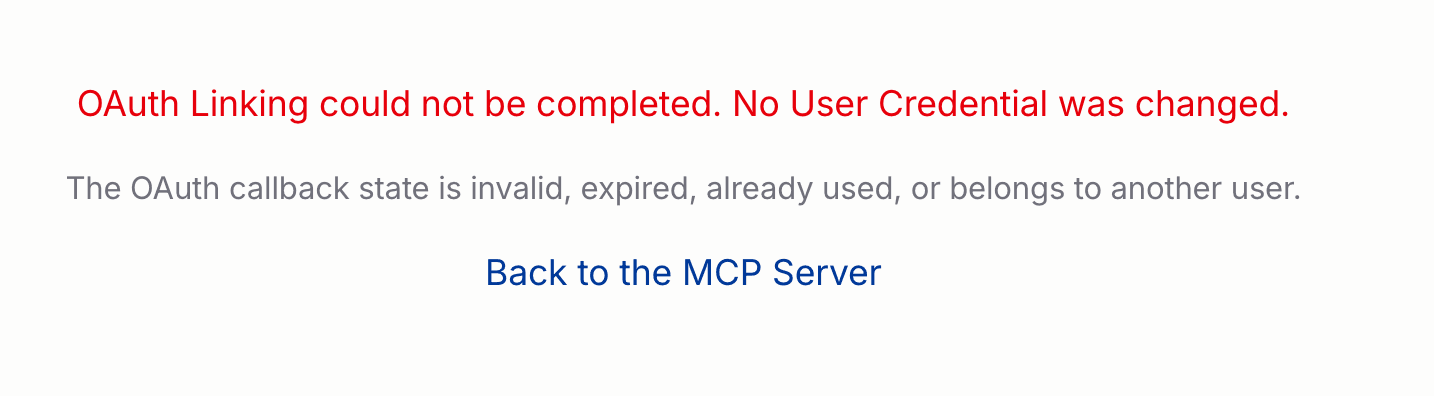 OAuth callback page showing a canceled or failed linking attempt