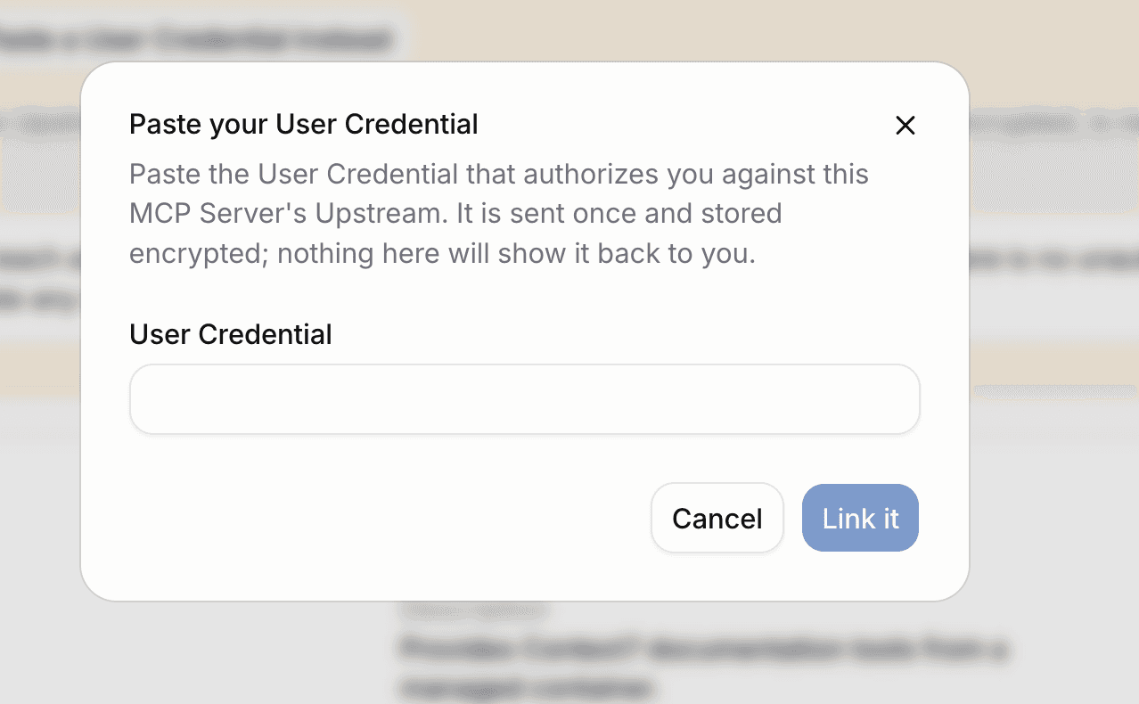 Dialog for pasting a User Credential with a masked input