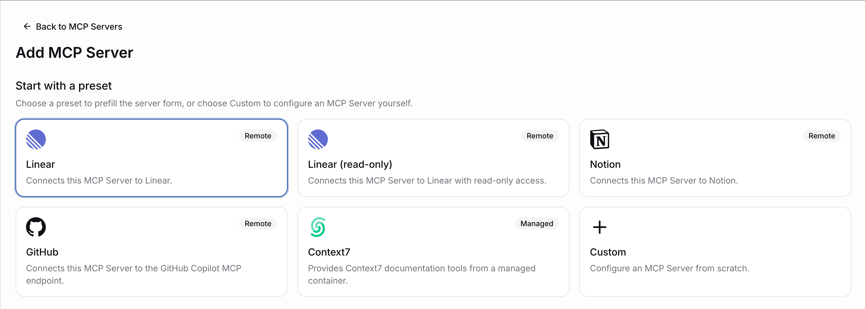 MCP Server preset picker showing the available presets and the Custom option