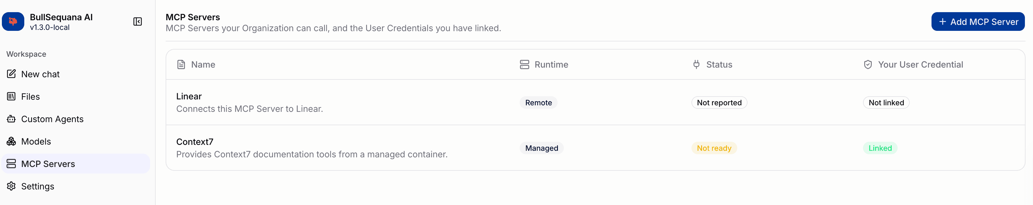 MCP Servers list in the Portal showing a Remote and a Managed server with runtime, status, and credential columns