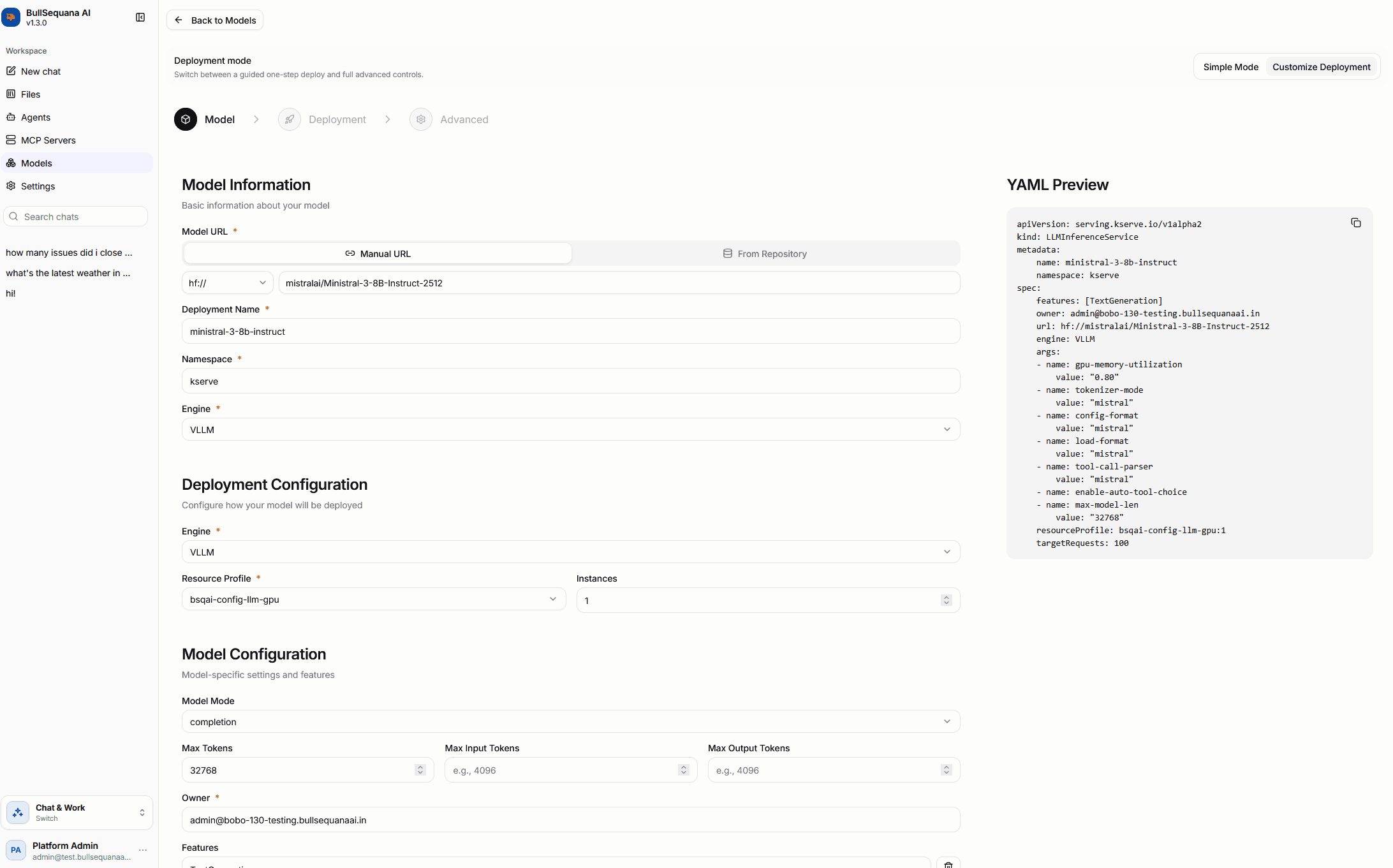 Advanced model deployment with resource configuration and a KServe LLMInferenceService preview