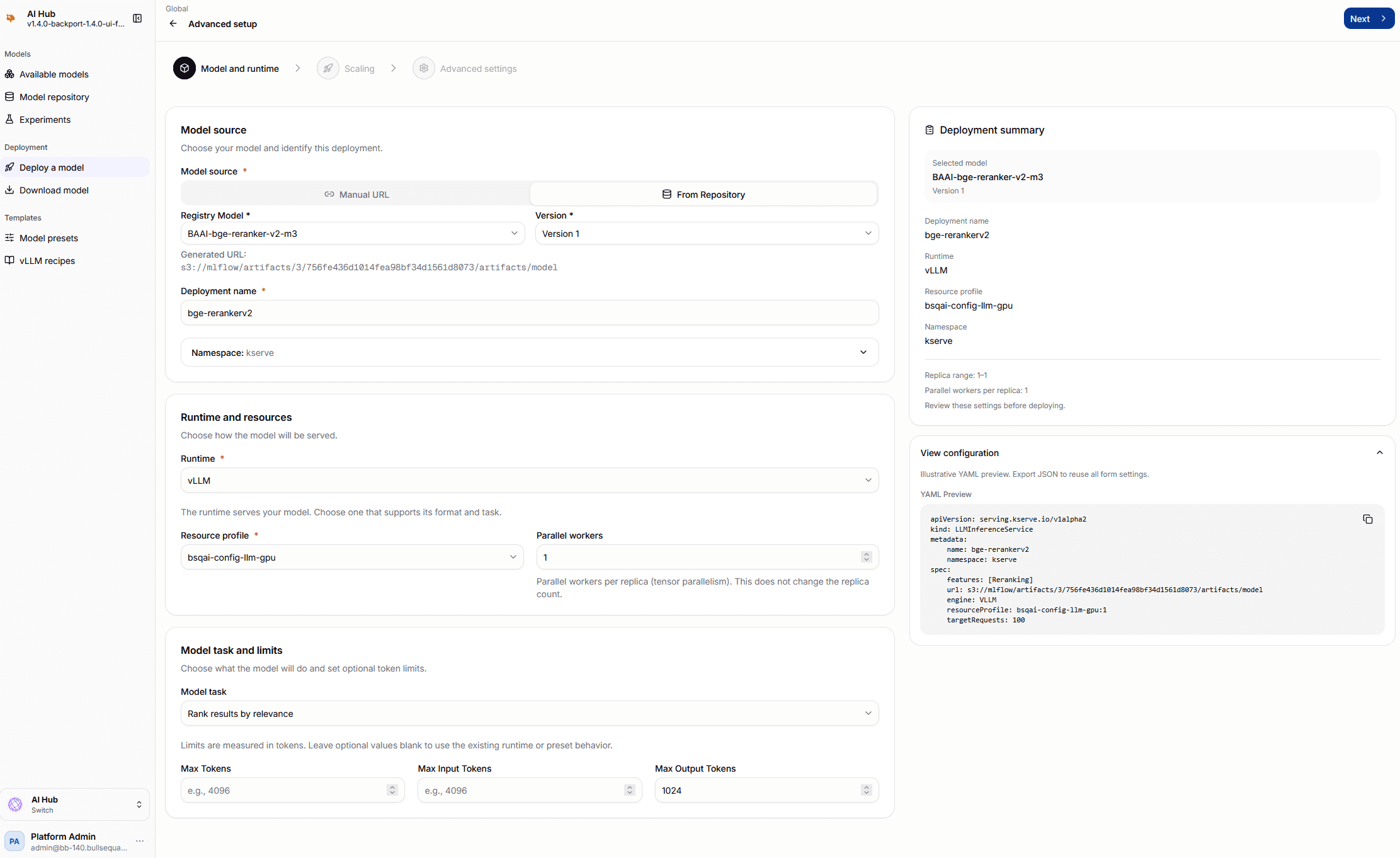 AI Hub Advanced setup with model source, runtime and resources, deployment summary, and expanded configuration preview