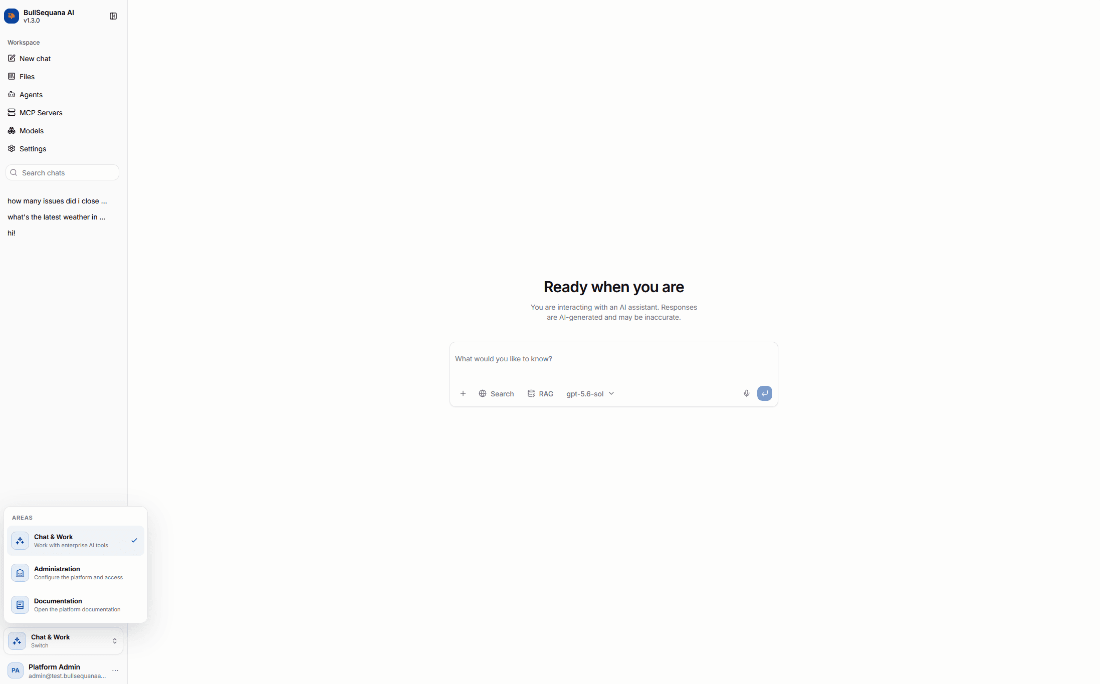 Chat and Work sidebar with the workspace switcher open