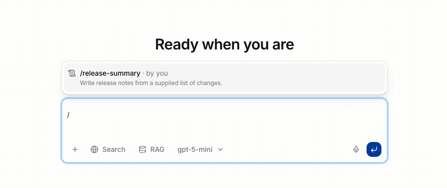 Chat composer with the slash picker showing a skill from Yours.
