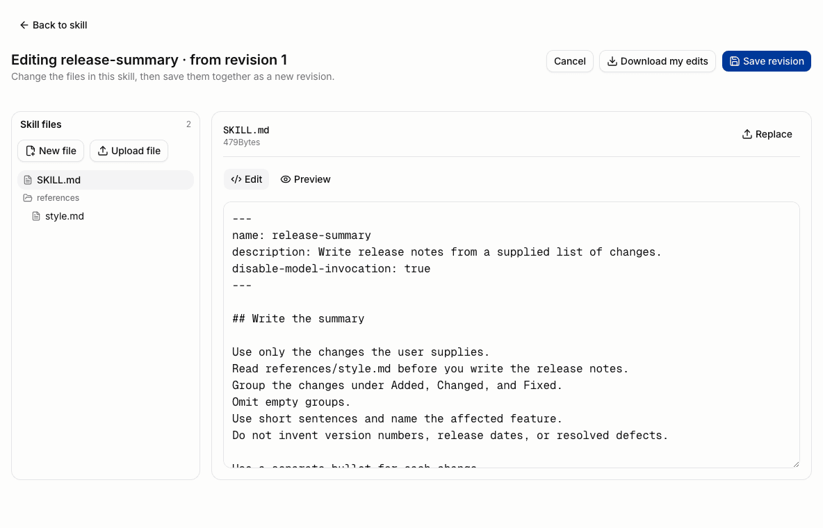 Skill editor with SKILL.md source, supporting files, and Save revision.