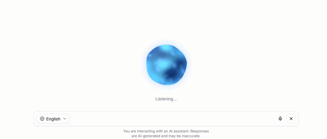 Voicebot listening with English selected, a microphone mute control, and an end-conversation button