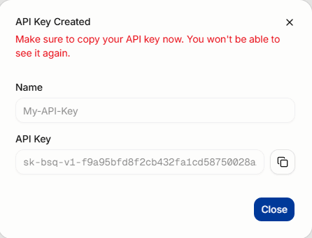 CoreAI Portal API keys dialog