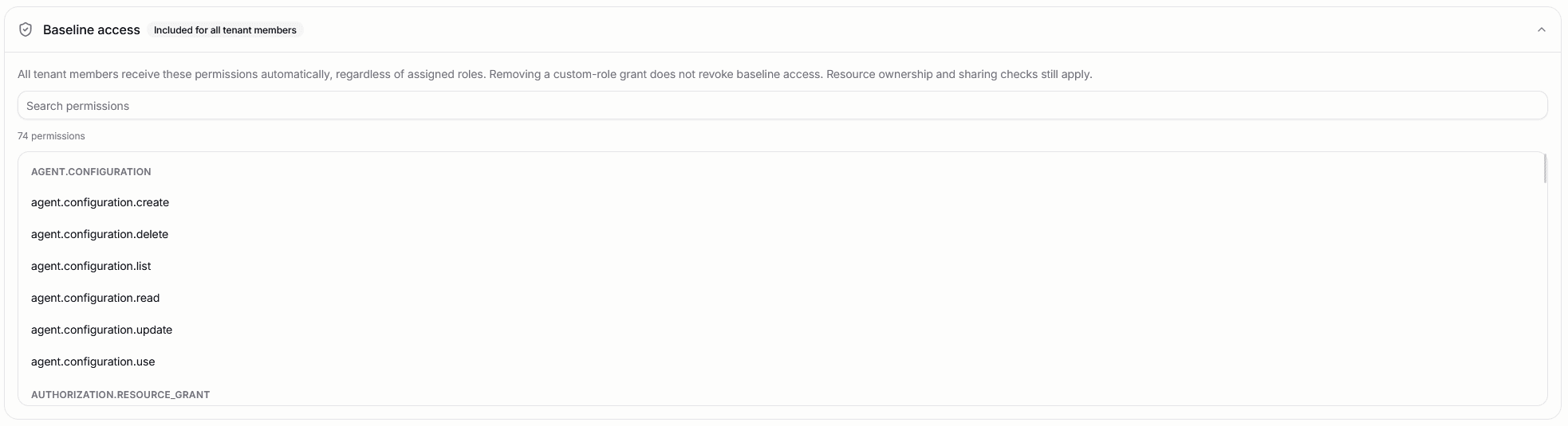 Expanded Baseline access card labeled Included for all tenant members, with searchable permissions grouped by family