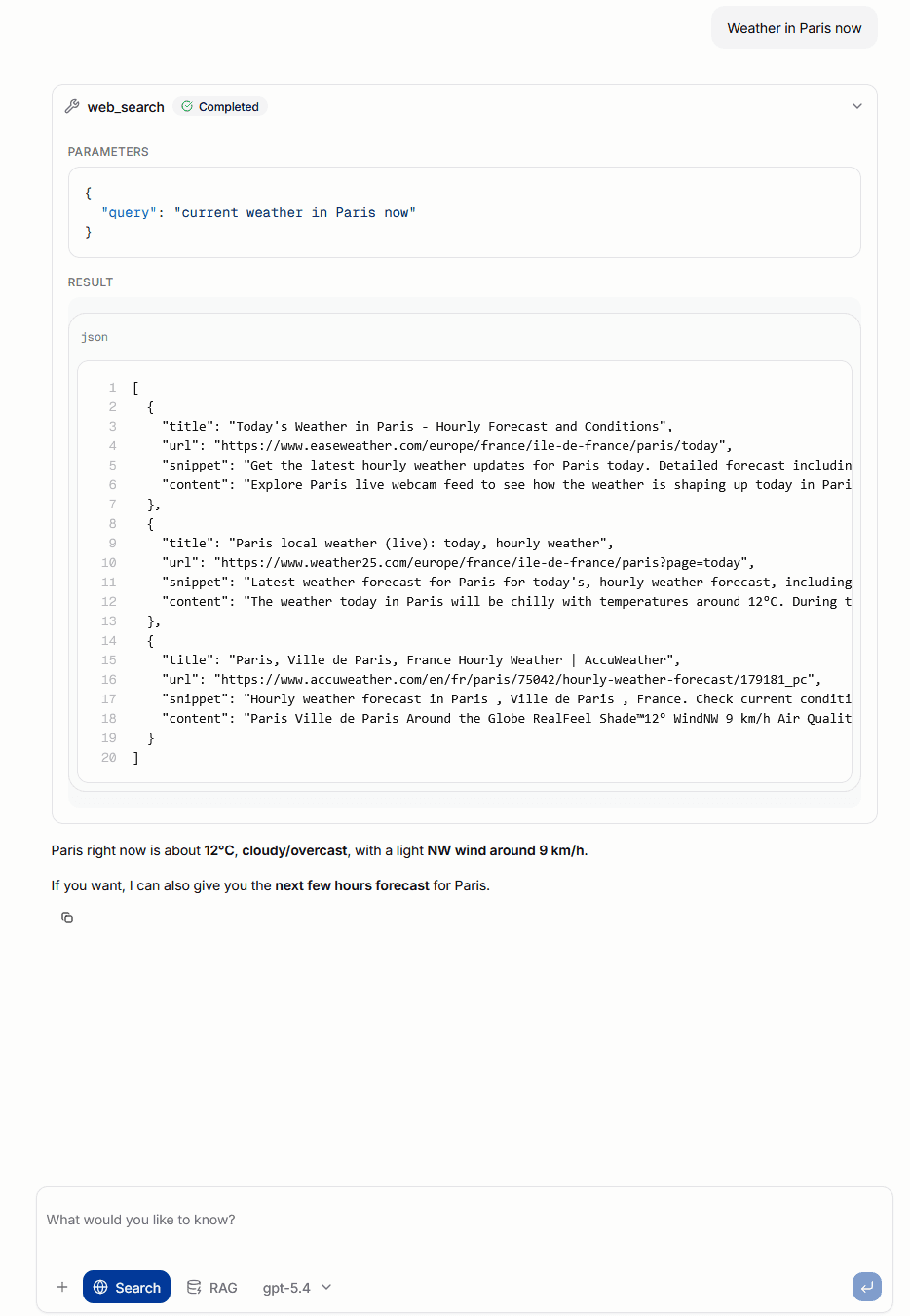 CoreAI Portal chat showing web search tool output and streamed assistant response