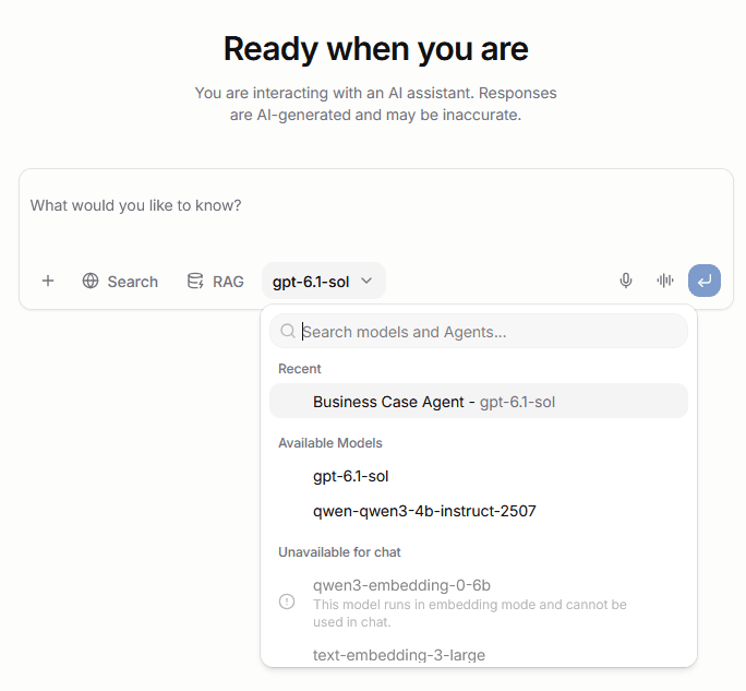 Chat composer with dictation and voice conversation controls, and the model and Agent picker showing recent, available, and unavailable selections