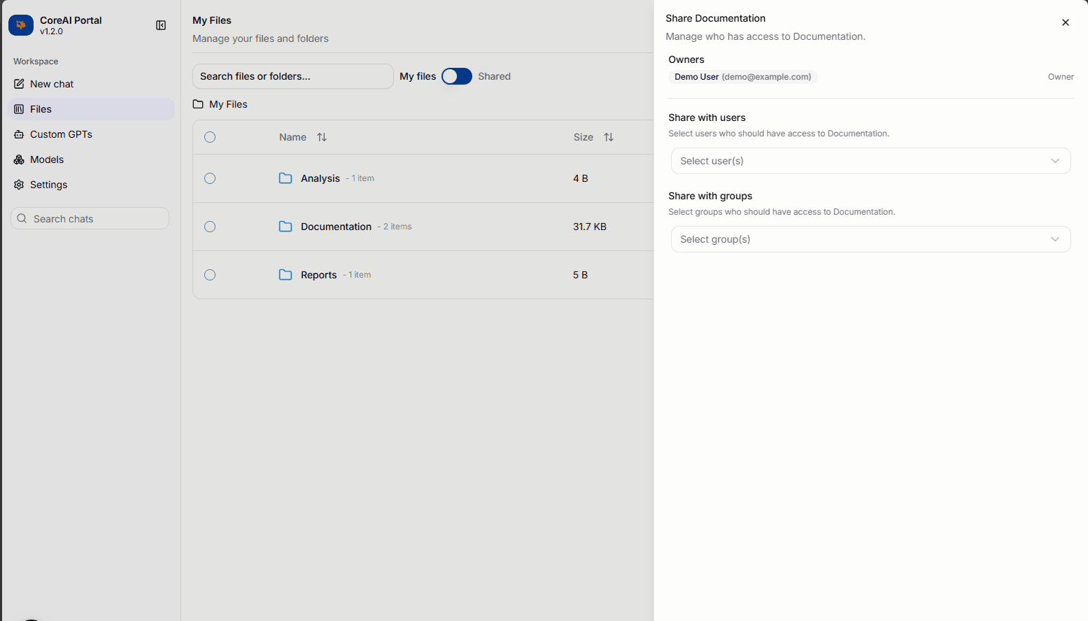 CoreAI Portal file sharing panel