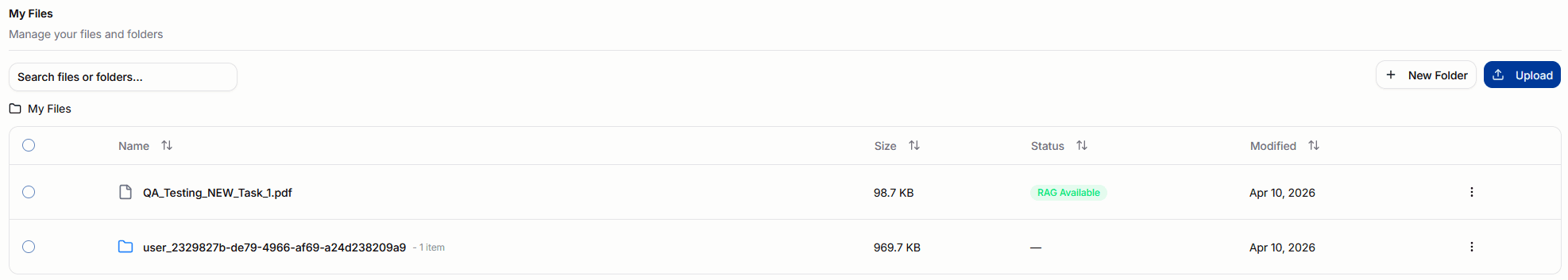 CoreAI Portal files workspace with folders, file status, and upload actions