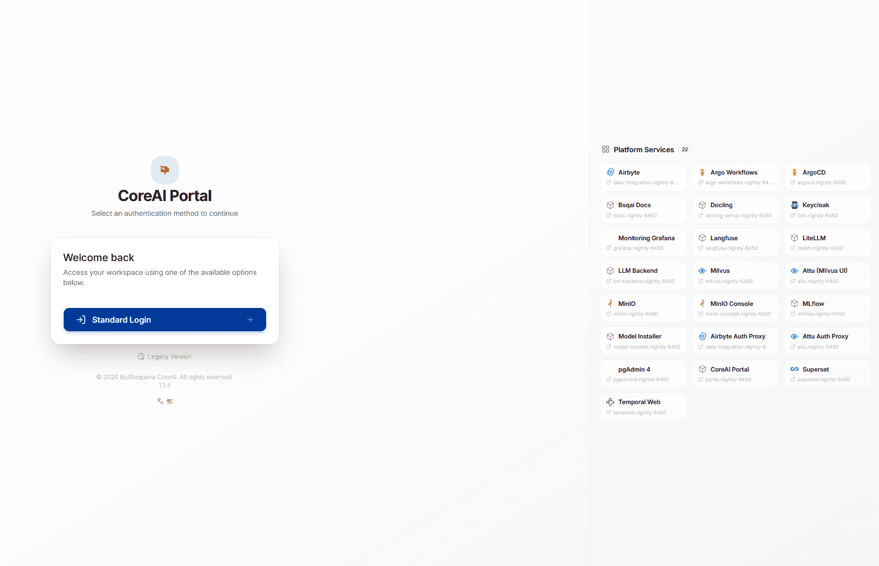 CoreAI Portal homepage with login and platform services
