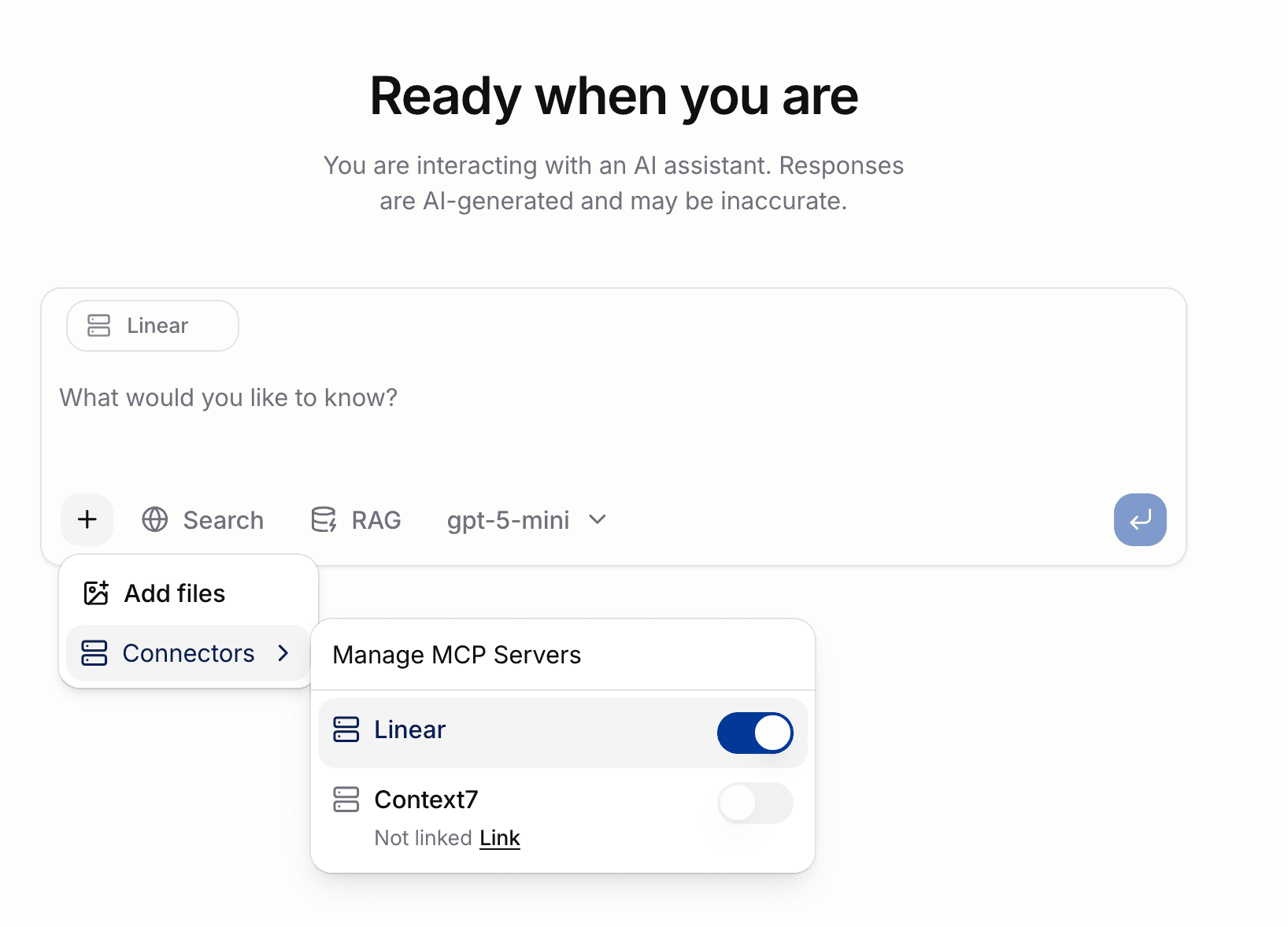 Chat composer with the connectors menu open, a server being turned on, and the resulting connector chip above the input
