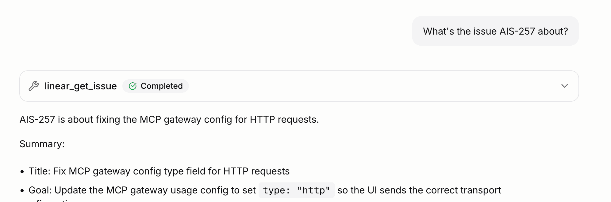 Chat turn showing the model calling an MCP tool and the tool result above the assistant's answer