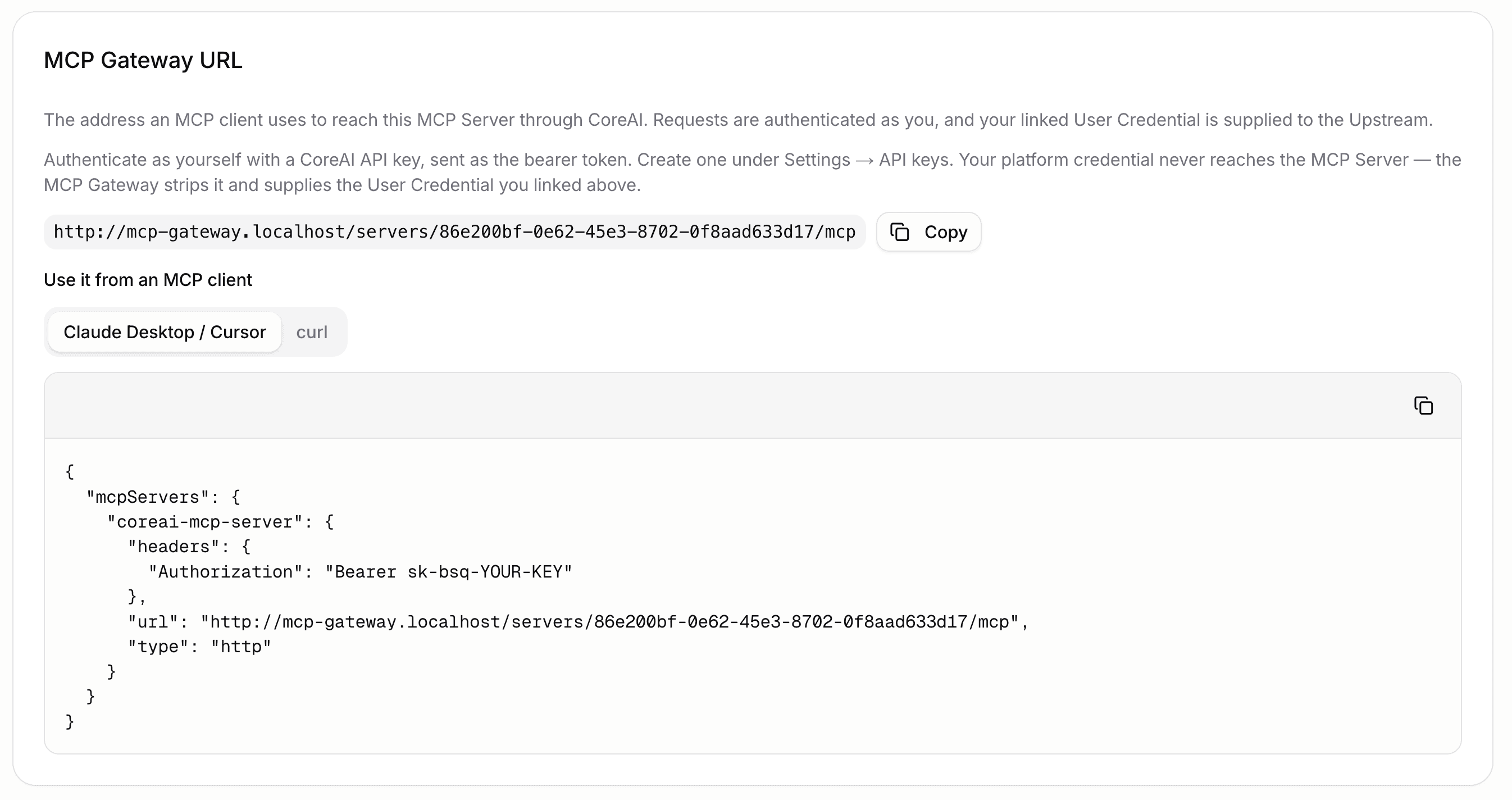 MCP Gateway URL card on the server detail page with the copy action and client tabs
