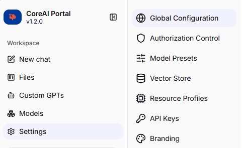 CoreAI Portal Settings Subsections
