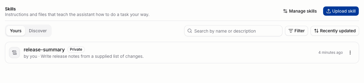 Skills library with Yours and Discover tabs, search, filters, and a private skill.